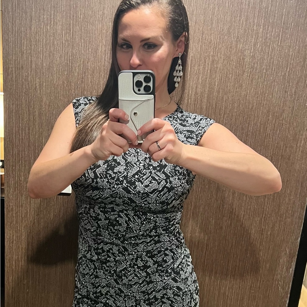 White House Black Market, Black/White patterned dress, Assemyrical Neckline